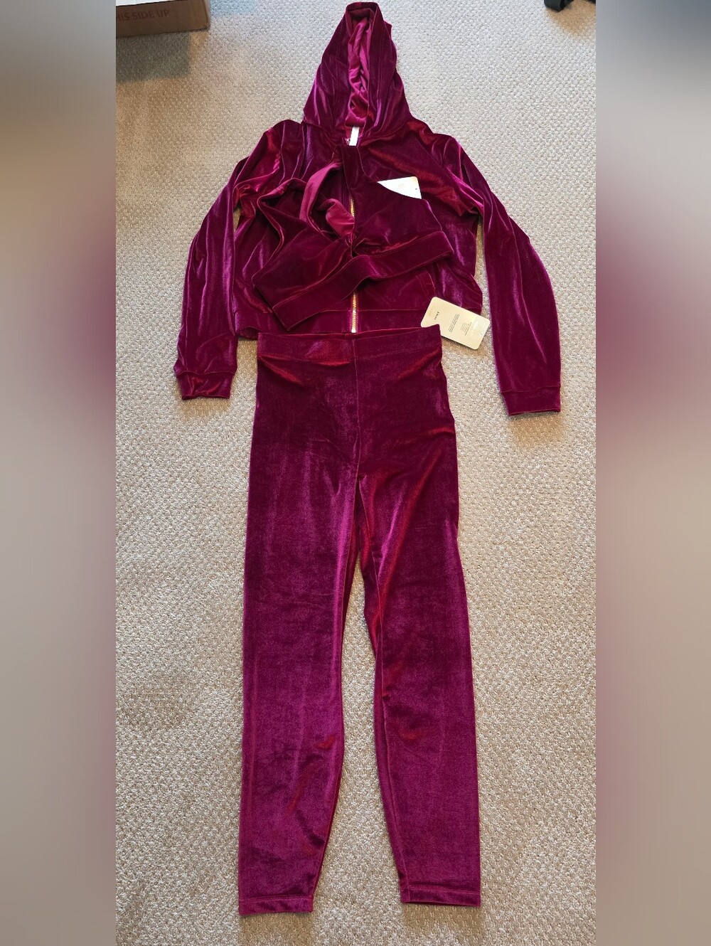 Fabletics Velvet High-Waist Leggings Matching Bra And Sweatshirt - Deep Berry